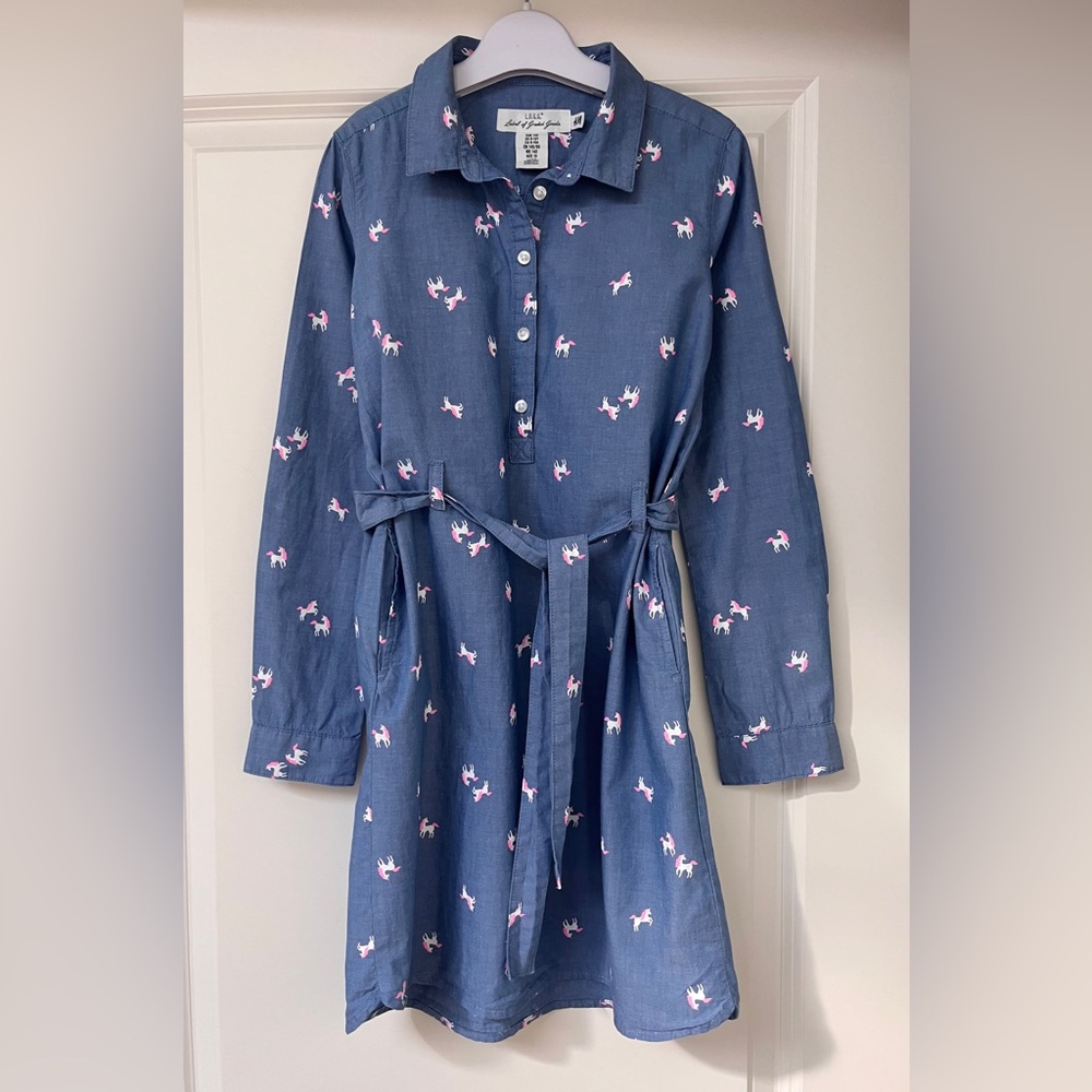 H&M Girls Blue Shirt Dress with Unicorn Pattern - Sz 8-10
